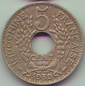Французский Индокитай 5 центов 1939 монета, реверс