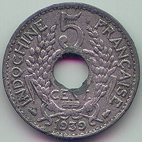 Французский Индокитай 5 центов 1939 подделка монета, реверс
