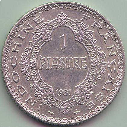 Французский Индокитай 1 пиастр 1931 серебро монета, реверс