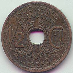 Французский Индокитай 1/2 цента 1935 монета, реверс