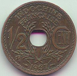 Французский Индокитай 1/2 цента 1937 монета, реверс