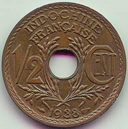 Французский Индокитай 1/2 цента 1938 монета, реверс
