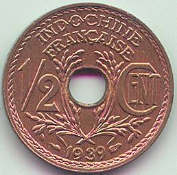 Французский Индокитай 1/2 цента 1939 монета, реверс