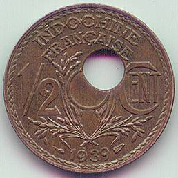 Французский Индокитай 1/2 цента 1939 монета ошибка, реверс