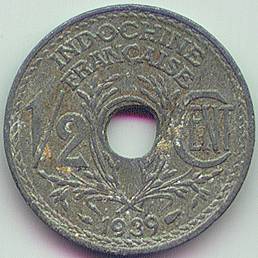Французский Индокитай 1/2 цента 1939 цинк монета, реверс