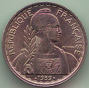 Французский Индокитай 20 центов 1939 монета, аверс