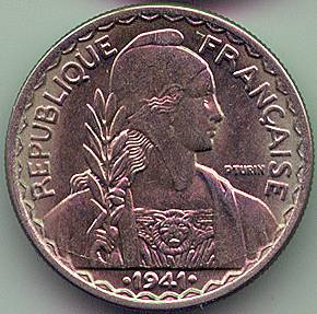 Французский Индокитай 20 центов 1941 монета, аверс