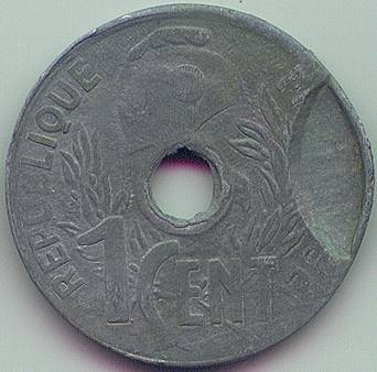 Французский Индокитай 1 cent 1940 ошибка монета, аверс