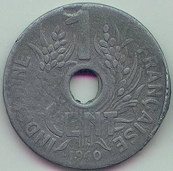 Французский Индокитай 1 cent 1940 ошибка монета, реверс