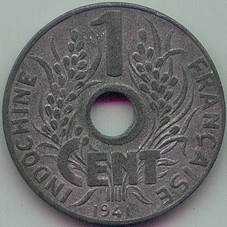 Французский Индокитай 1 cent 1941 цинк монета, реверс