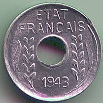 Французский Индокитай 1 Цент 1943 монета, реверс