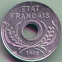 Французский Индокитай 5 центов 1943 монета, реверс