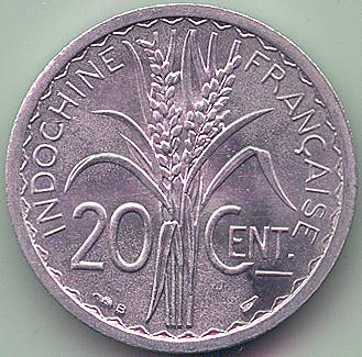 Французский Индокитай 20 центов 1945 монета, реверс