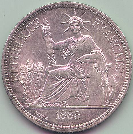 Французский Индокитай Пиастр de Commerce 1885 серебро монета, аверс