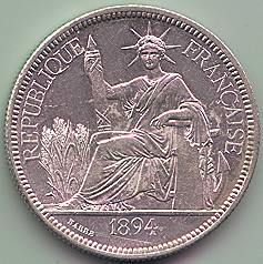 Французский Индокитай Пиастр de Commerce 1894 серебро монета