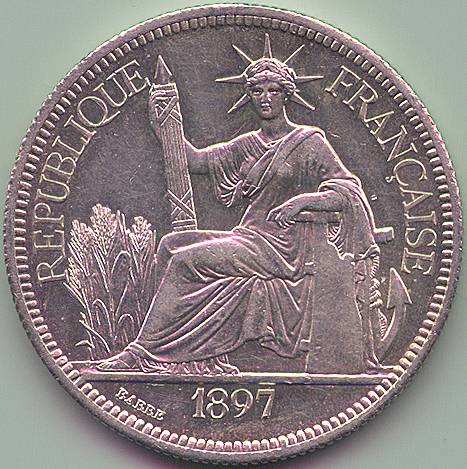 Французский Индокитай Пиастр de Commerce 1897 серебро монета, аверс