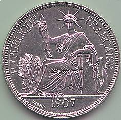 Французский Индокитай Пиастр de Commerce 1907 серебро монета, аверс