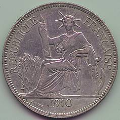 Французский Индокитай Пиастр de Commerce 1910 серебро монета, аверс