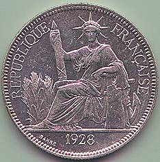 Французский Индокитай Пиастр de Commerce 1928 серебро монета, аверс