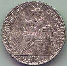Французский Индокитай 10 центов 1917 серебро монета, аверс